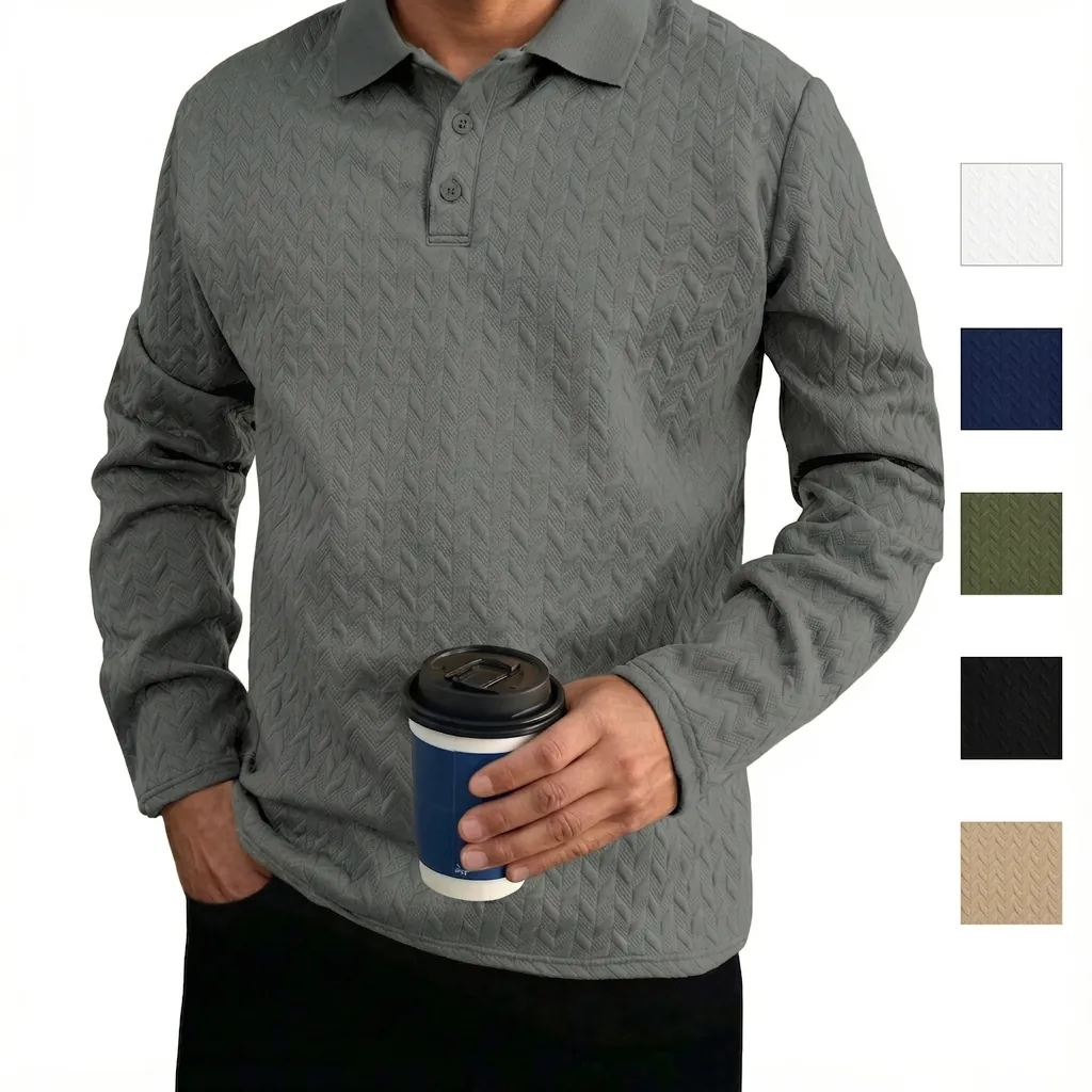 Men's Casual Long Sleeve Polo Shirt Business Jacquard Herringbone Pattern Lapel Button Top For Autumn Spring Everyday Wear