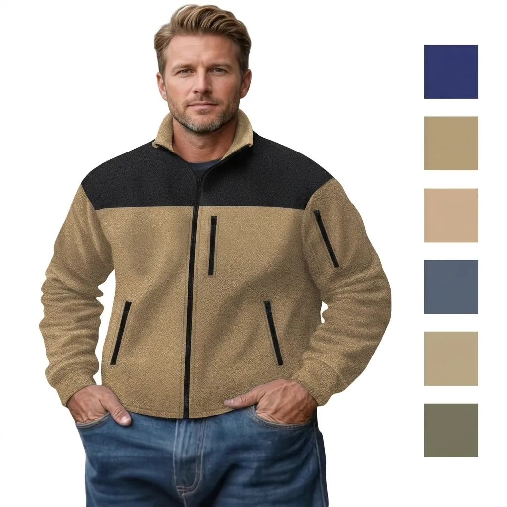 Chaqueta de Forro Polar para Hombre con Bloques de Color Casual al Aire Libre Cuello Alzado Cremallera Manga Larga Térmico Top