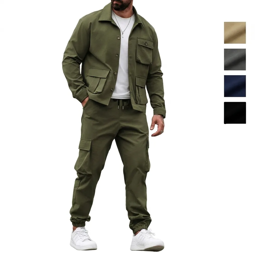 Heren Amerikaans Vintage Heavyweight Cargo Pak Multi-zakken Revers Jas En Broek Met Bündchen Bovenkant en Onderkant Outdoor