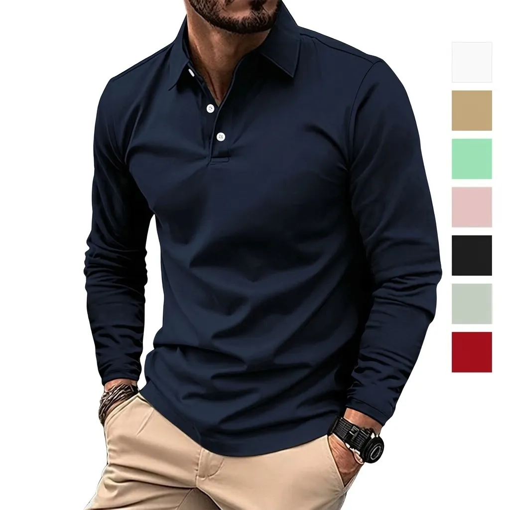 Men Long Sleeve Polo Shirt Casual Business Solid Color Cotton Blend Lapel Button Top Fashion Urban Style Sport Polo Top