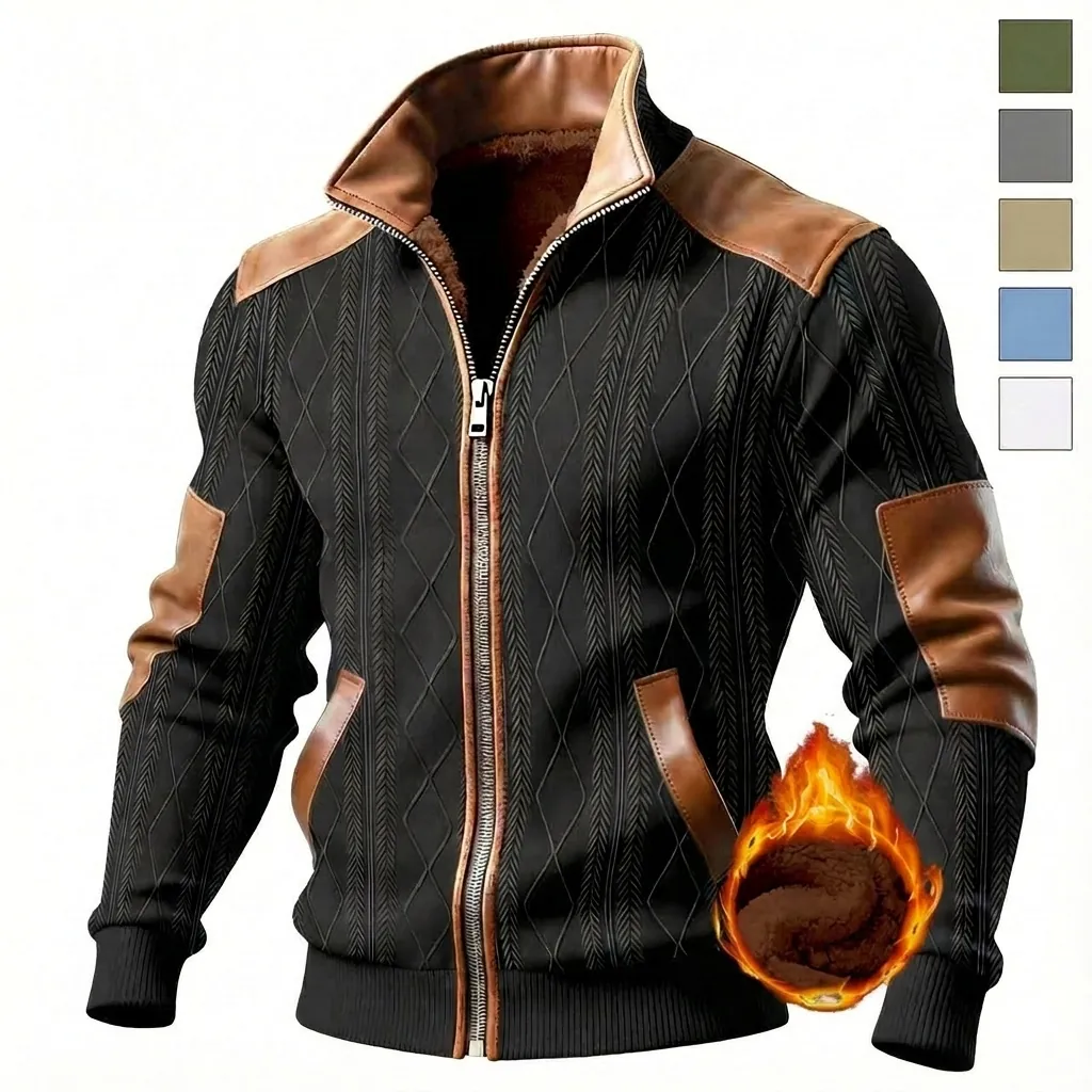 Giacca da Uomo alla Moda con Blocchi di Colore Testurizzata Foderata in Pile Calda Casual Top con Zip per Autunno Inverno