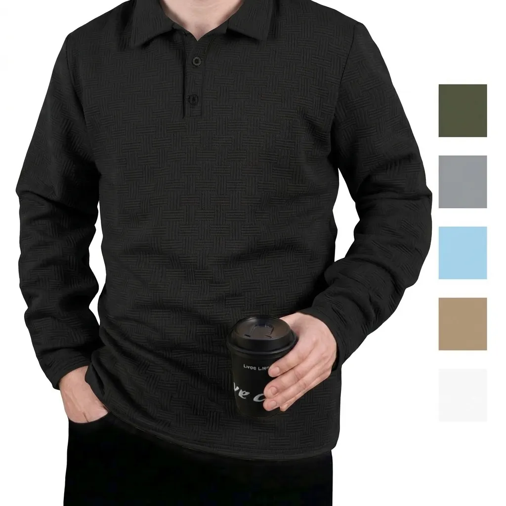 Polo da Uomo a Manica Lunga in Maglia a Nido d'Ape Misto Cotone Lino Top Casual con Risvolto Moda Urbana Business