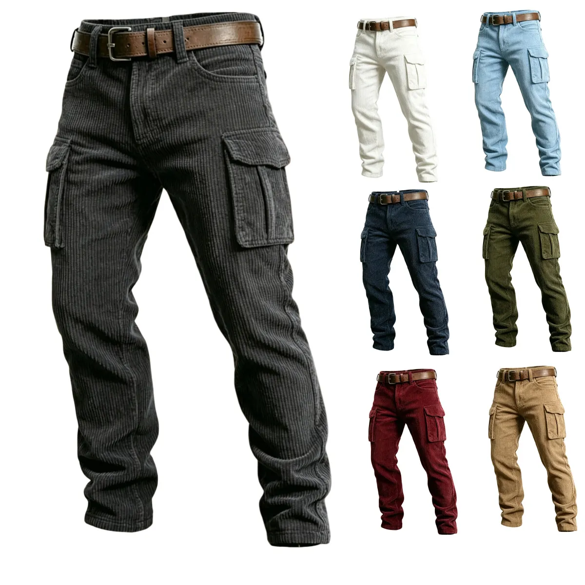 Men's Slim Fit Cargo Pants Multi-Pocket Corduroy Texture Tapered Outdoor Streetwear Trousers with Belt Casual Long Pants