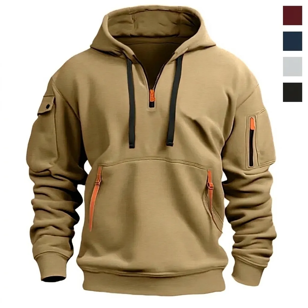 Sudadera con Capucha Táctica Informal para Hombre Media Cremallera Multibolsillos Forro Polar Liso para Otoño Invierno