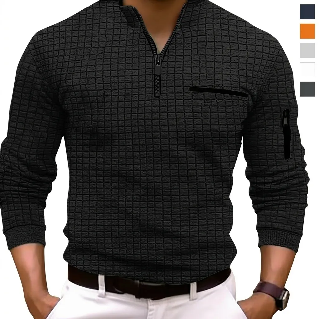 Men's Long Sleeve Waffle Check Polo Shirt Quarter Zip Stand Collar Casual Golf Polo Top with Arm Zipper Pocket