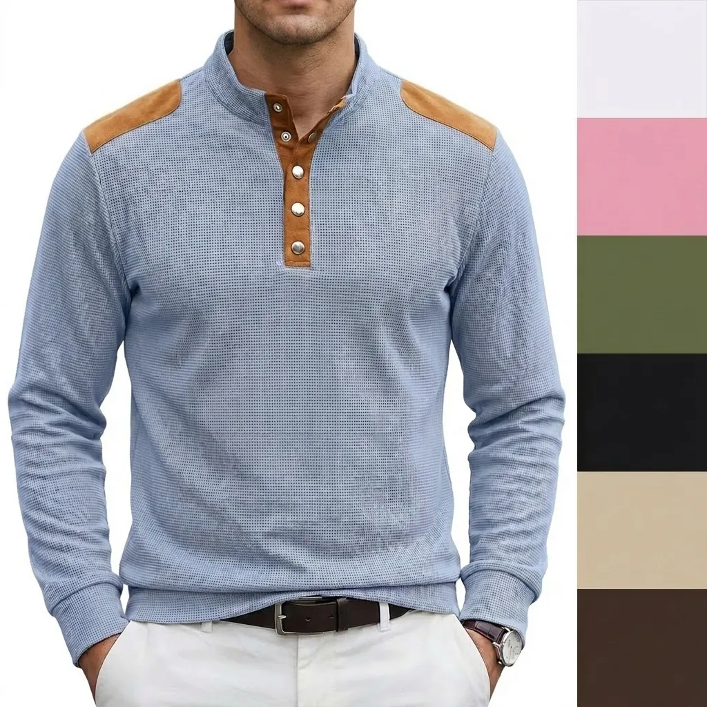 Polo da Uomo a Manica Lunga in Maglia a Nido d'Ape Casual Collo alla Coreana Top Patchwork con Bottoni in Metallo