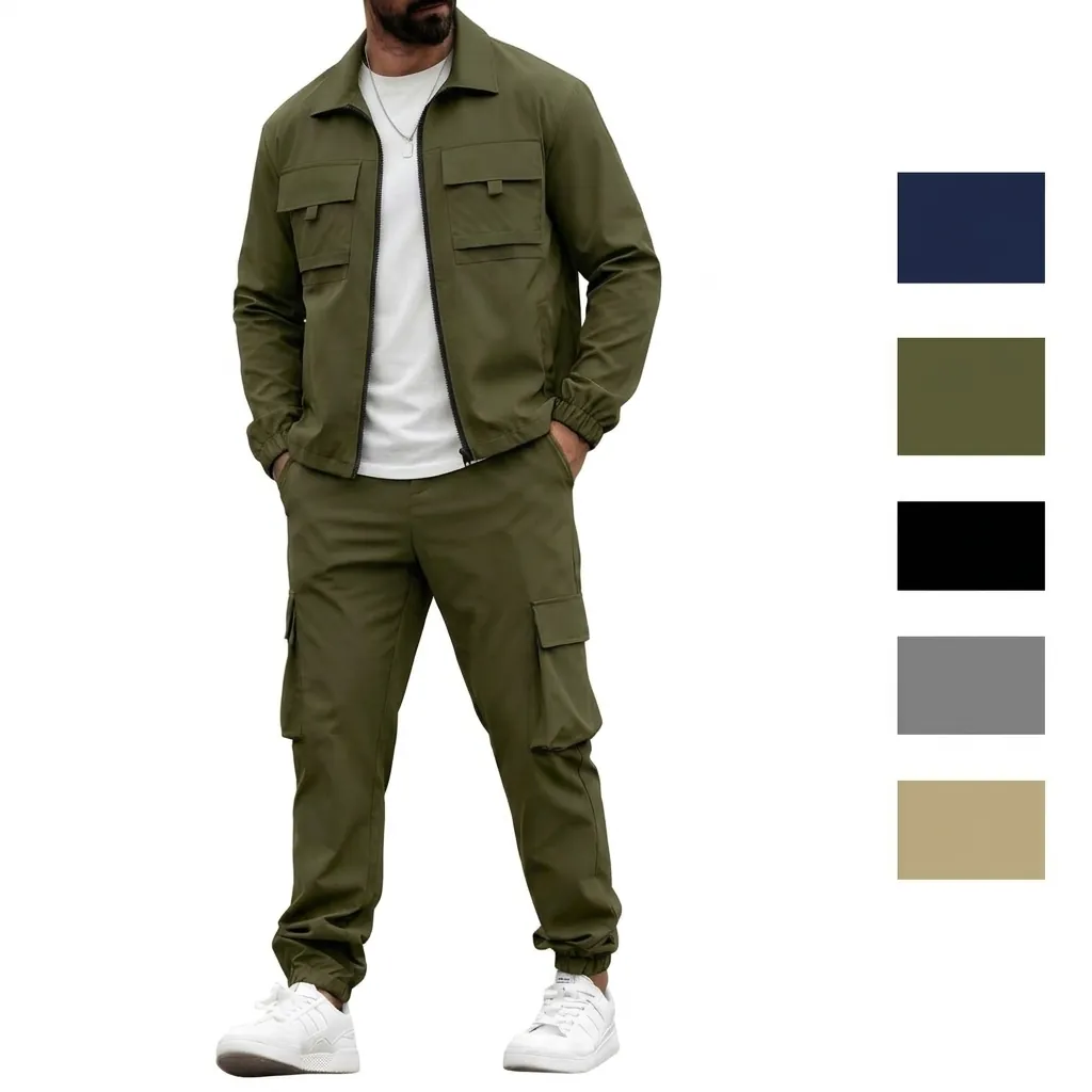 Men Casual Cargo Suit Top And Bottom Multi Pocket Zipper Jacket And Long Pants Solid Color Outdoor Leisure Apparel