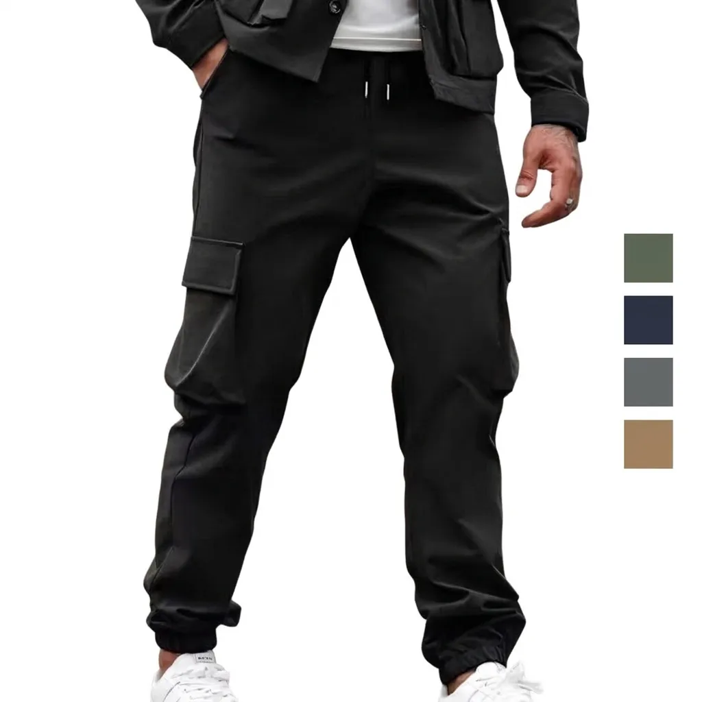 Men's Casual Cargo Pants Multi Pocket Drawstring Elastic Cuff Joggers Woven Polyester Cotton Blend Solid Color Workwear Trousers