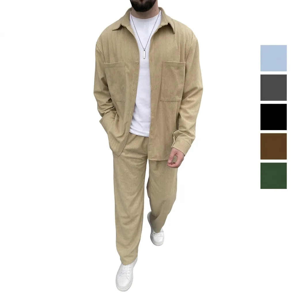 Men's Corduroy Top And Bottom Apparel Long Sleeve Flap Pocket Jacket And Straight Leg Pants Casual Fashion Urban Outfit