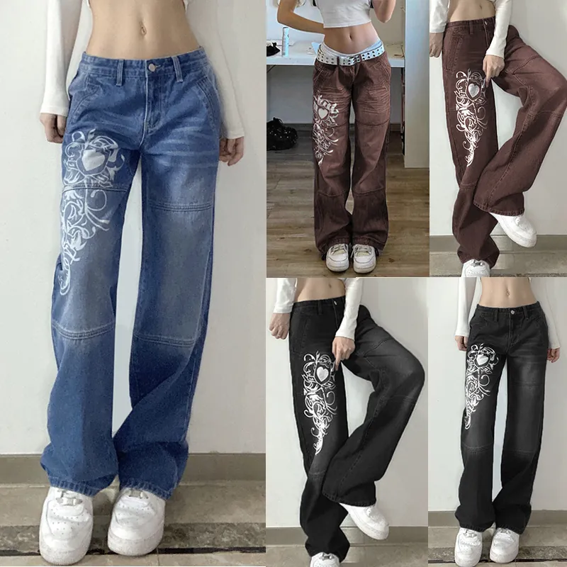 Women Casual Loose Wide Leg Printed Jeans Vintage High Waist Denim Pants Heart Graphic Streetwear Y2K Fashion Trousers