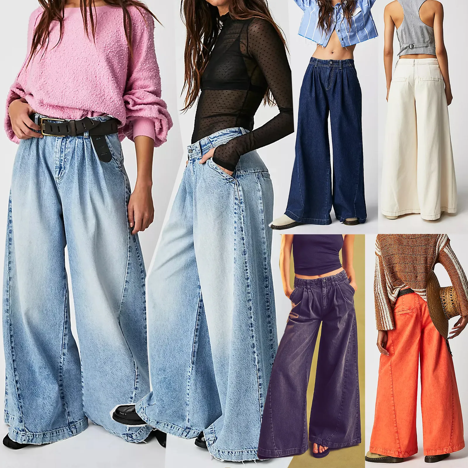 Women American Street Style Wide Leg Jeans High Waisted Baggy Washed Denim Pants Loose Cotton Casual Bottom For Women