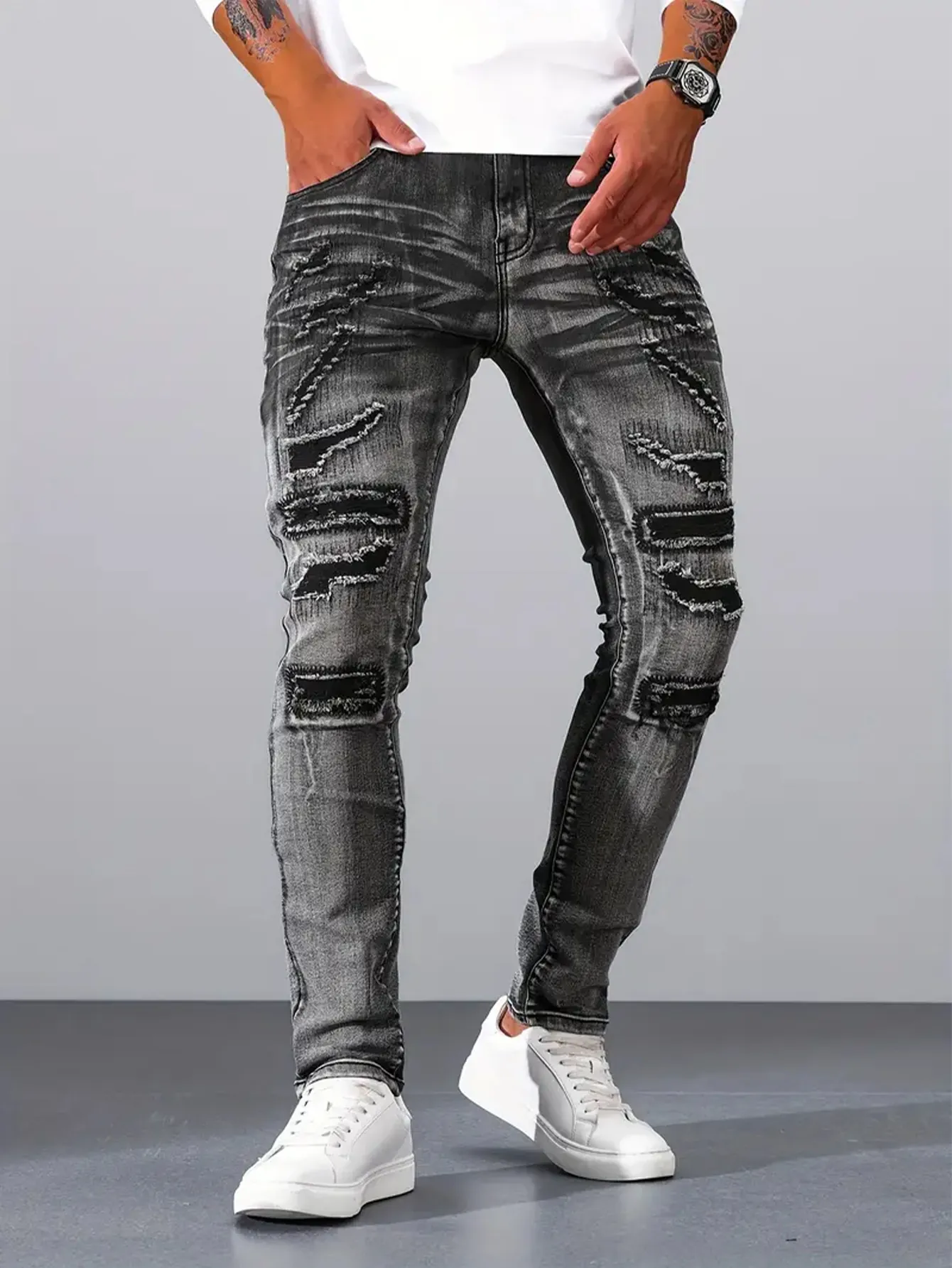Men's Silver Grey Distressed Skinny Jeans Stretch Ripped Denim Pants Streetwear Fashion Washed Slim Fit Printed Trousers
