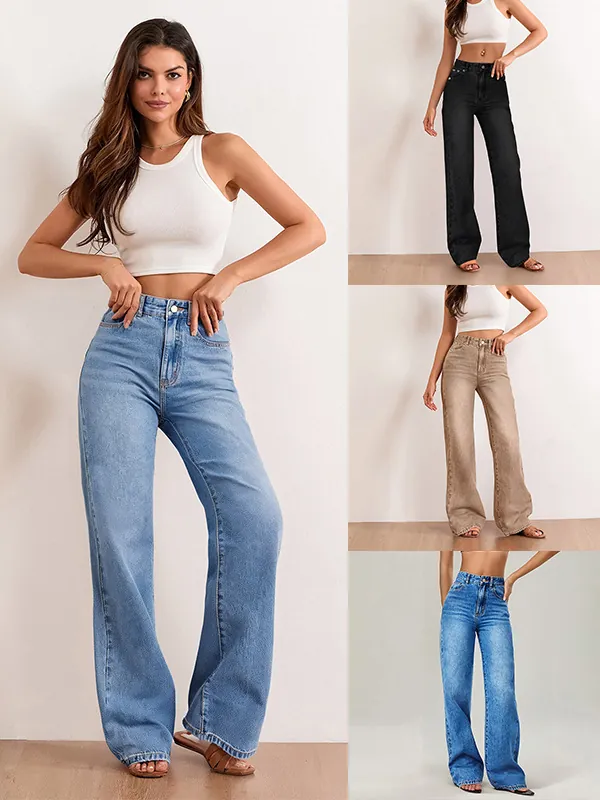 Women High Waist Straight Leg Jeans Stretch Cotton Denim Washed Streetwear Pants Spring Denim Bottoms