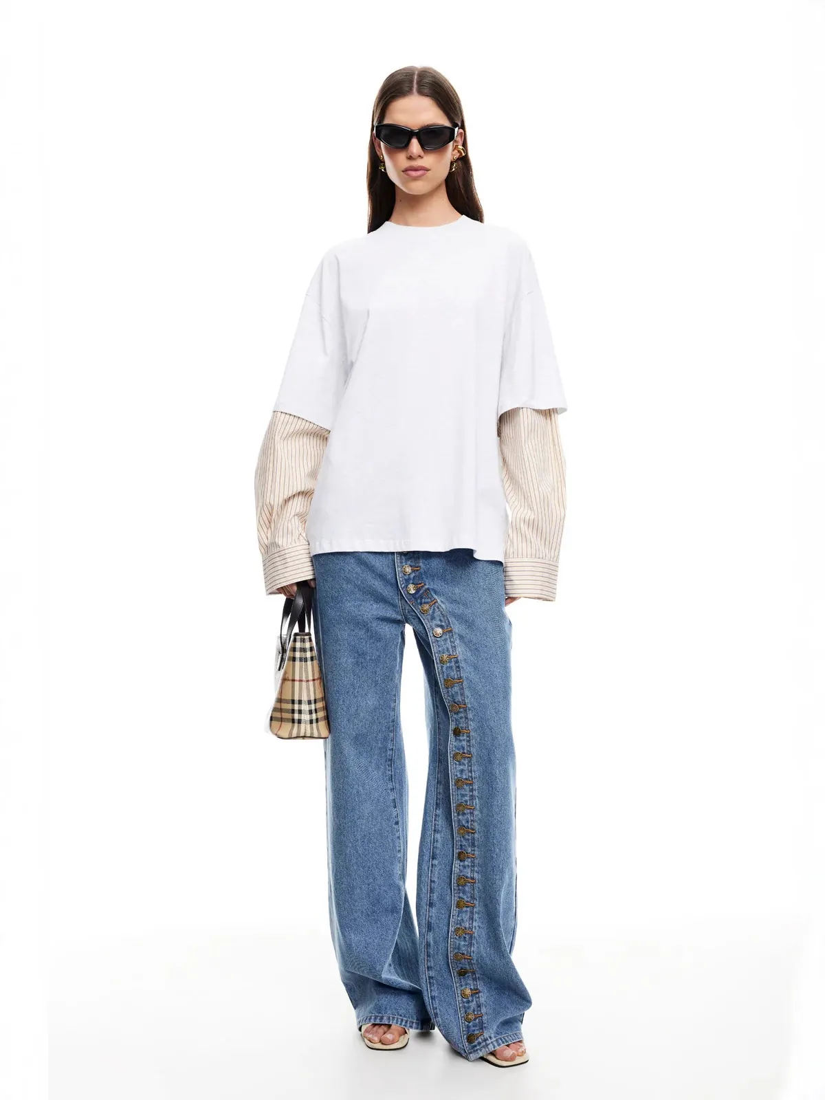 Women Streetwear Multi Button Straight Leg Denim Jeans Washed High Waist Wide Leg Long Cotton Pants Casual Female Trousers