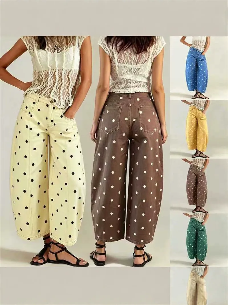 Women Polka Dot Barrel Jeans High Waist Wide Leg Denim Pants Ankle Length Curved Leg Casual Loose Trousers