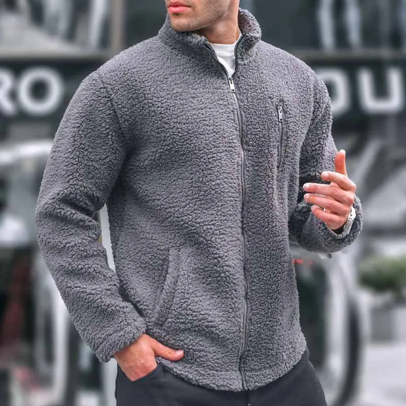 Heren Polar Fleece Jas met Opstaande Kraag Volledige Rits Casual Losse Warme Sherpa Winter Polyester Effen Kleur Lange Mouw Top
