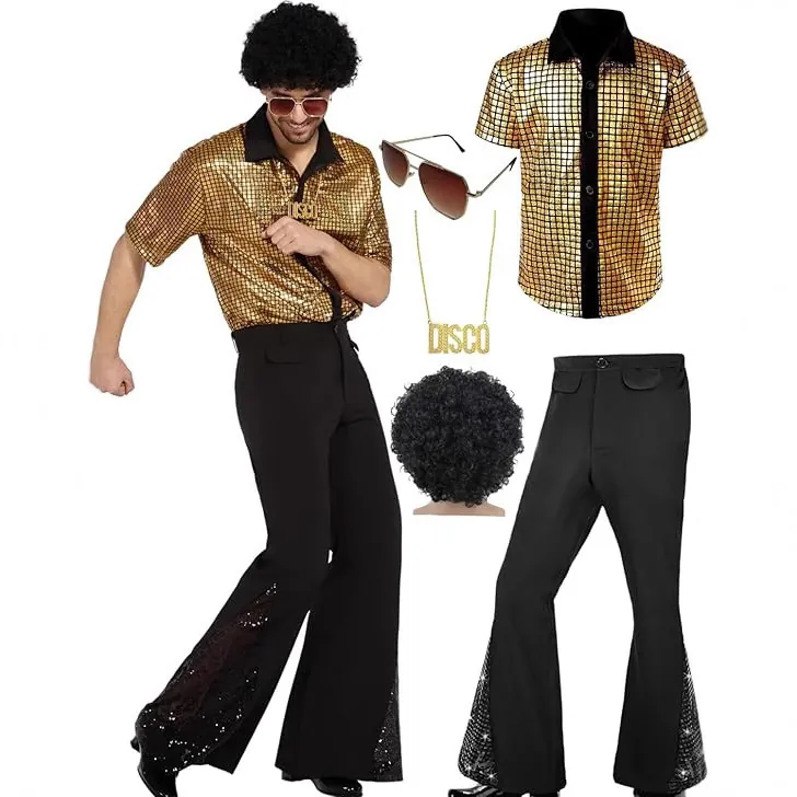 Men's 70s Disco Costume Set Retro Performance Outfit With Shiny Shirt Flared Pants Wig Sunglasses Necklace Christmas Party Wear
