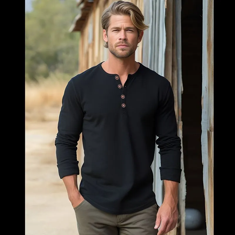 Men's Long Sleeve Henley T-Shirt Cotton Casual Slim Fit 4-Button Placket Basic Plain Tee Top