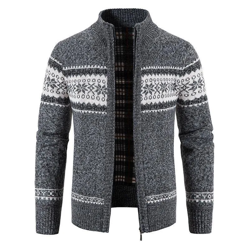 Men Fleece Lined Knitted Cardigan Stand Collar Zipper Sweater Jacket With Snowflake Print Acetate Cotton Blend Casual Warm Outwear