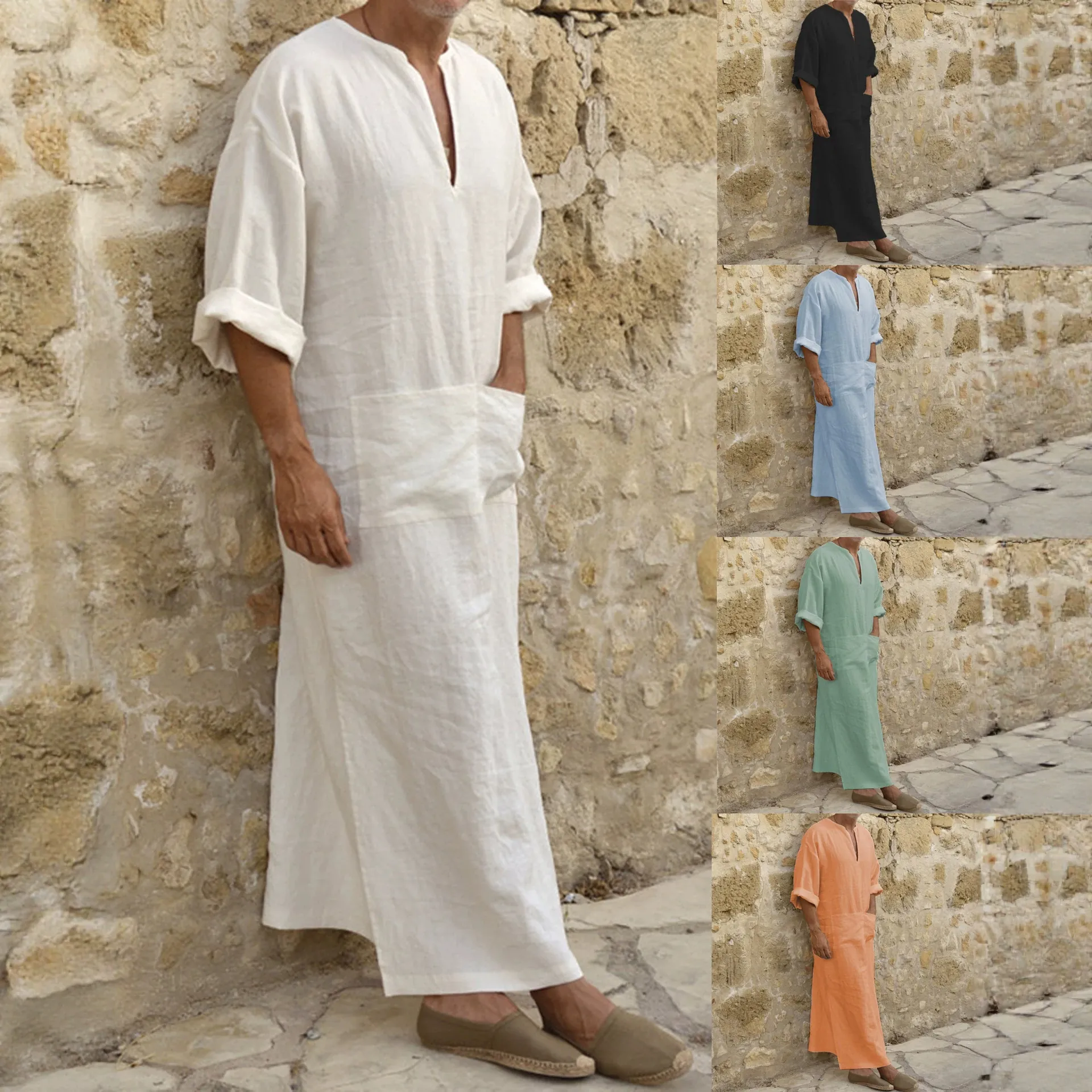 Men's Ethnic Style Loose Kaftan Robe V-Neck Long Sleeve Casual Solid Polyester Robe With Pockets For Men Plus Size Fashion