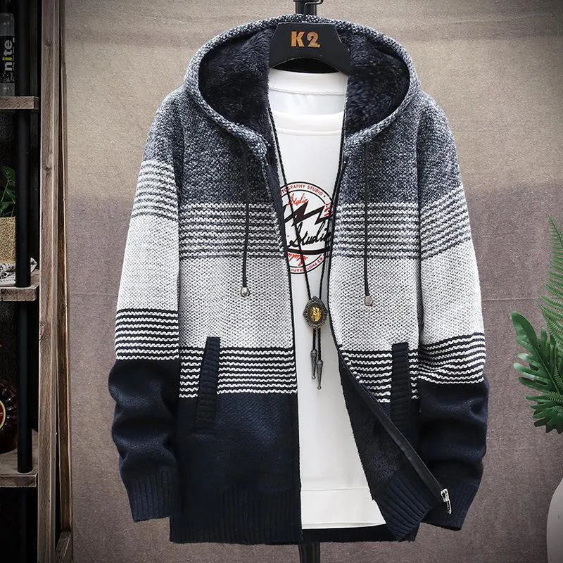 Giacca in Maglia Uomo con Cappuccio Ispessita Foderata in Pile Calda Righe Sfumate Cerniera Invernale Casual Top