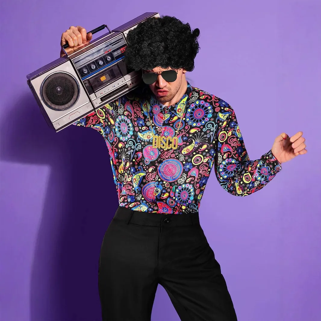 Abbigliamento Disco Anni '70 da Uomo Camicia in Seta di Latte con Fiori Retro e Pantaloni a Zampa Neri Costume da Scena Vintage