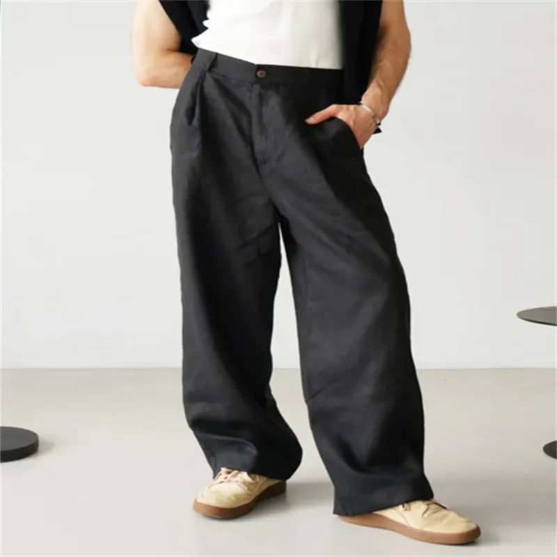 Herren Locker Baumwolle Leinen Geplissiert Hohe Taille Jogginghose Atmungsaktiv Casual Einfarbig Hose Mit Taschen Herren Hosen
