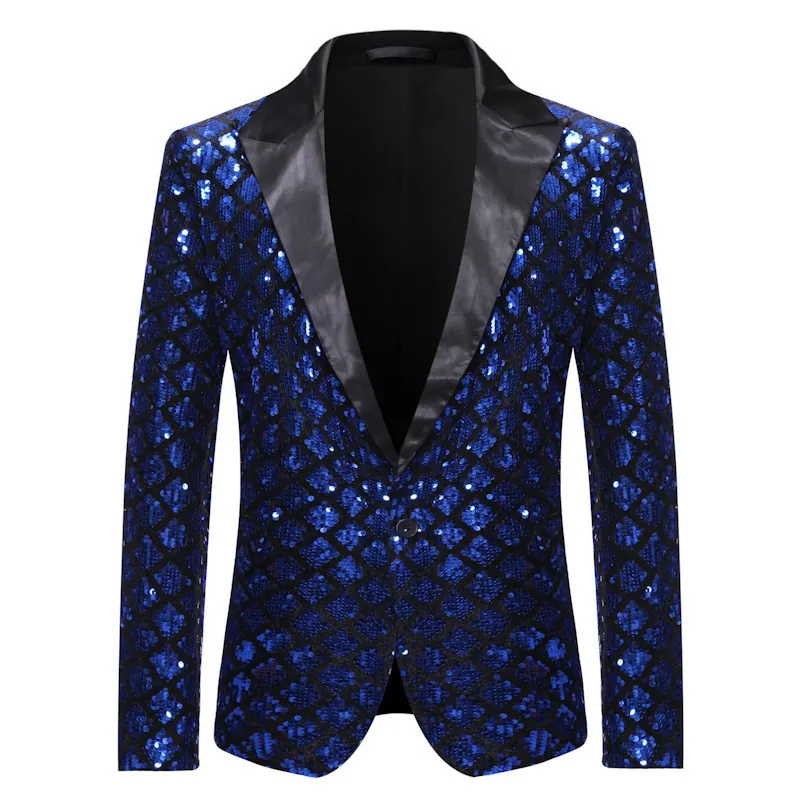 Heren Peak Lapel Pailletten Blazer Ruitpatroon Glanzend Slim Fit Jasje Voor Podium Optreden Feest Banket Bruiloft Hosting