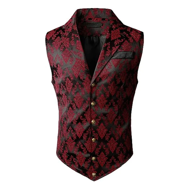 Men British Retro Slim Fit Suit Vest Vintage Damask Jacquard V-Neck Sleeveless Acrylic Waistcoat For Wedding Party Banquet