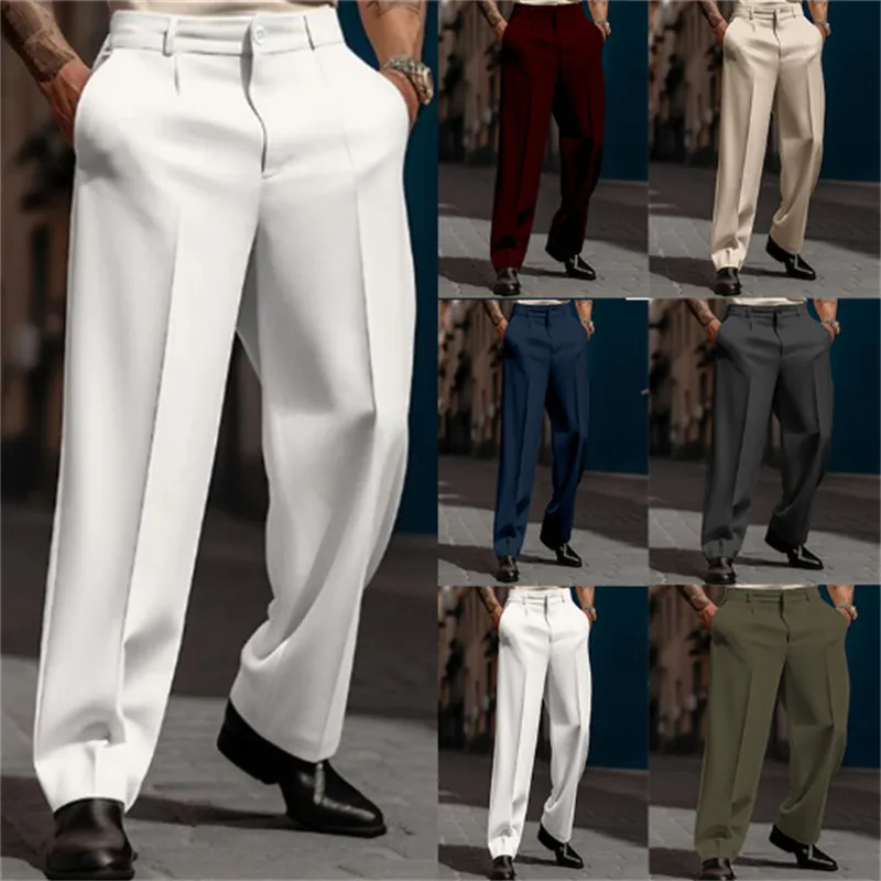 Pantalon de Costume Formel pour Hommes Jambe Droite Respirant Couleur Unie Poches Inclinées en Polyester pour Bureau Quotidien