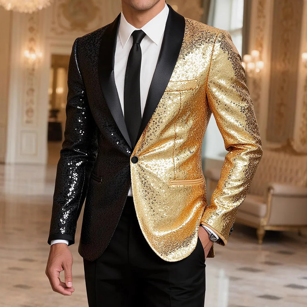 Men's Sequin Blazer Stage Performance Contrast Color Stitching Shawl Lapel Single Button Suit Jacket For Party Banquet