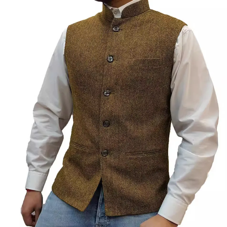 Men Herringbone Vest Slim Fit Stand Collar Formal Suit Waistcoat Retro Business Casual Sleeveless Top For Wedding Party