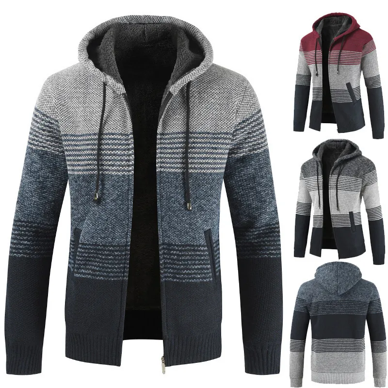 Men's Autumn Winter Thick Fleece Lined Hooded Cardigan Sweater Color Block Knitted Zip-Up Jacket Outwear For Men