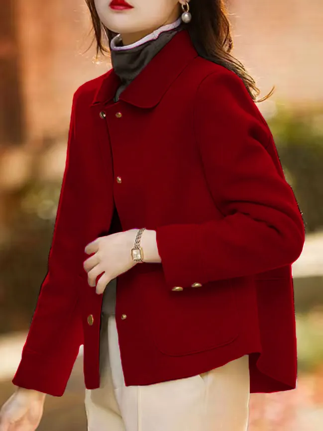 Cappotto di Lana Minimalista Casual da Donna Giacca Corta a Revers Monopetto Tinta Unita Autunno Inverno Capispalla in Poliestere