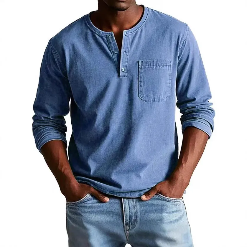 Herren Langarm Henley Shirt Baumwollmischung Casual Einfarbig Slim Fit T-Shirt Mit Aufgesetzter Tasche Für Frühling Herbst Top
