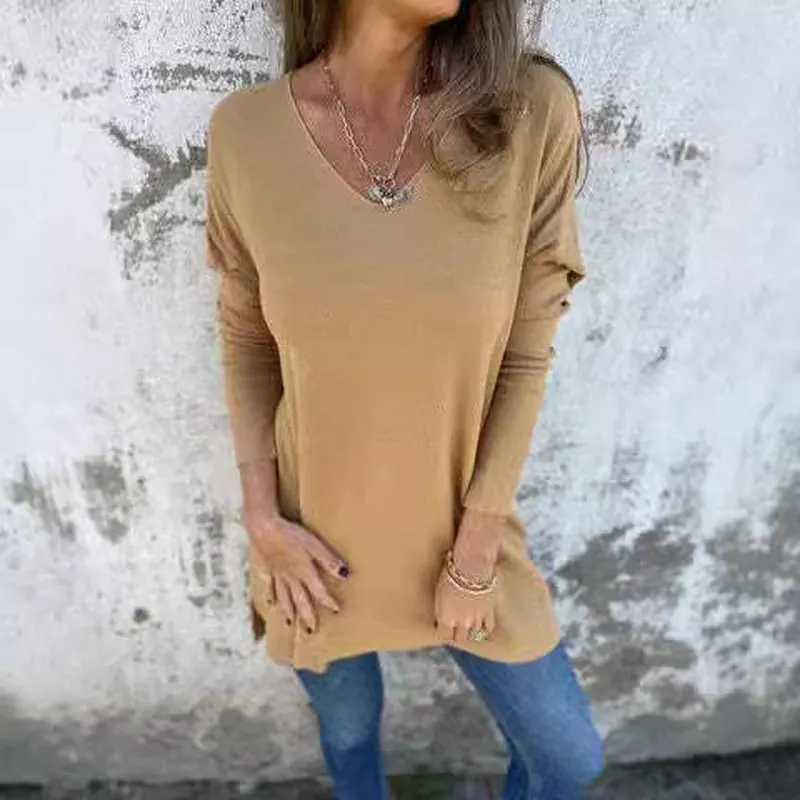 Haut en Maille à Col en V Décontracté pour Femmes T-Shirt Ample à Manches Longues Couleur Unie Pull Doux avec Fente Latérale Pull pour Printemps Automne Femmes Basic Jumper