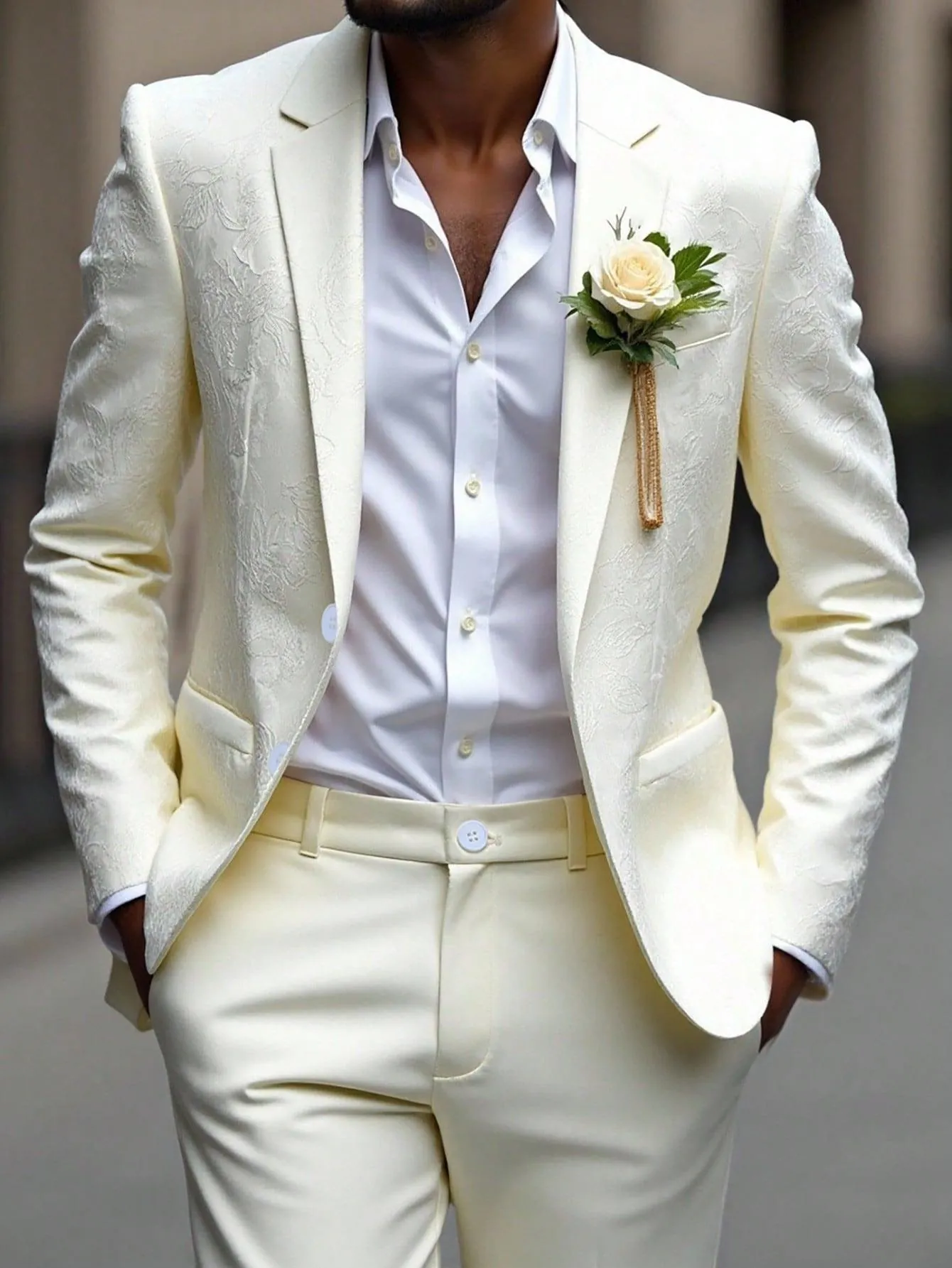 Men Business Suit Set Dark Jacquard Floral Pattern Slim Fit Notch Lapel One Button Blazer And Pants For Wedding Banquet