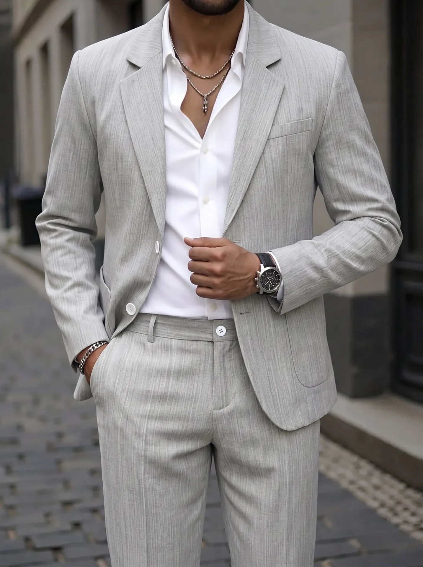 Juego de Traje de Negocios para Hombre con Solapa de Muesca Corte Slim Color Sólido Dos Piezas Chaqueta Pantalones para Banquete