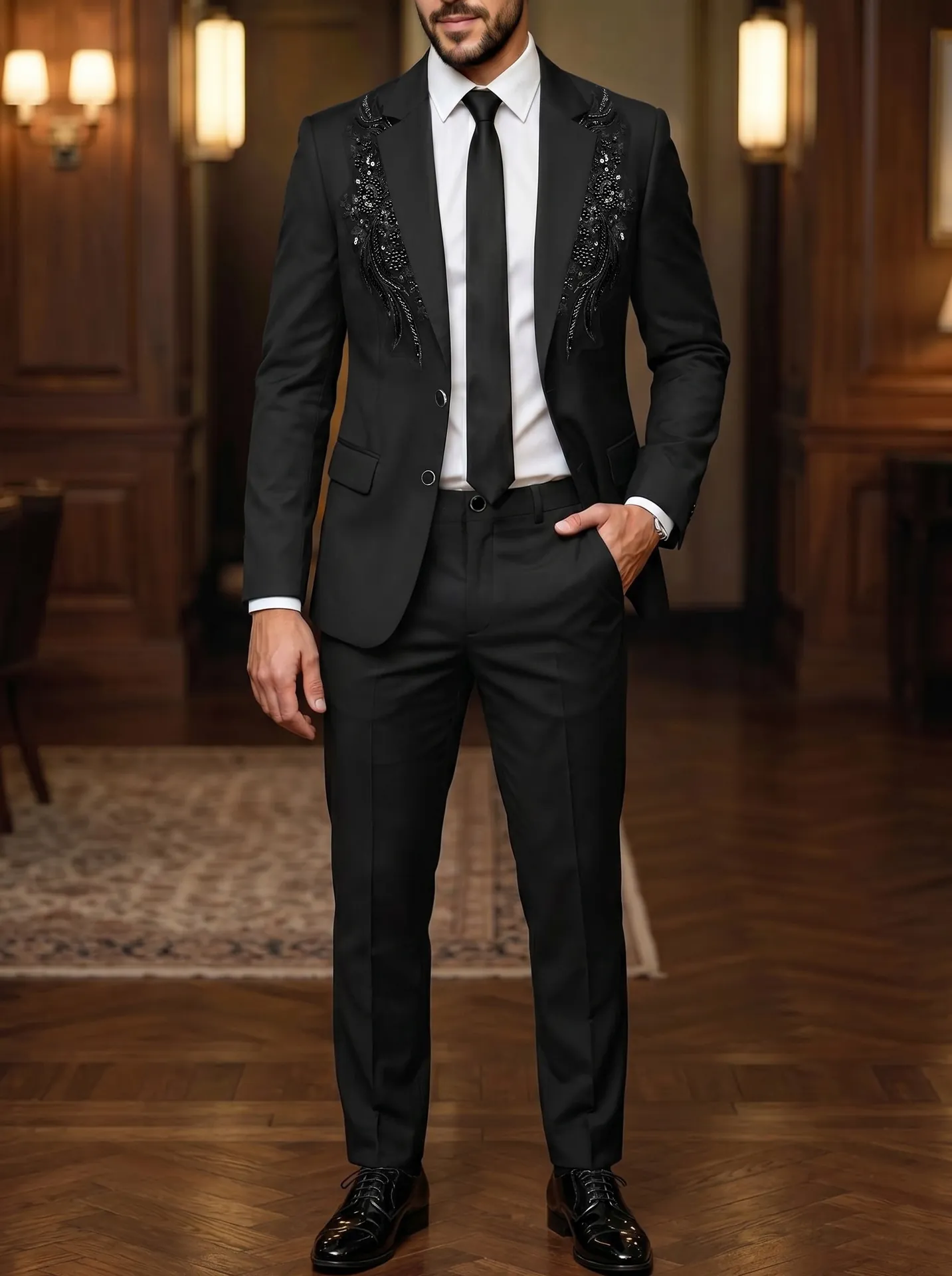Heren Pailletten Geborduurde Kostuumjas En Broek Top And Bottom Slim Fit Tuxedo Voor Banket Bruiloft Feest Mannen Formele Kleding