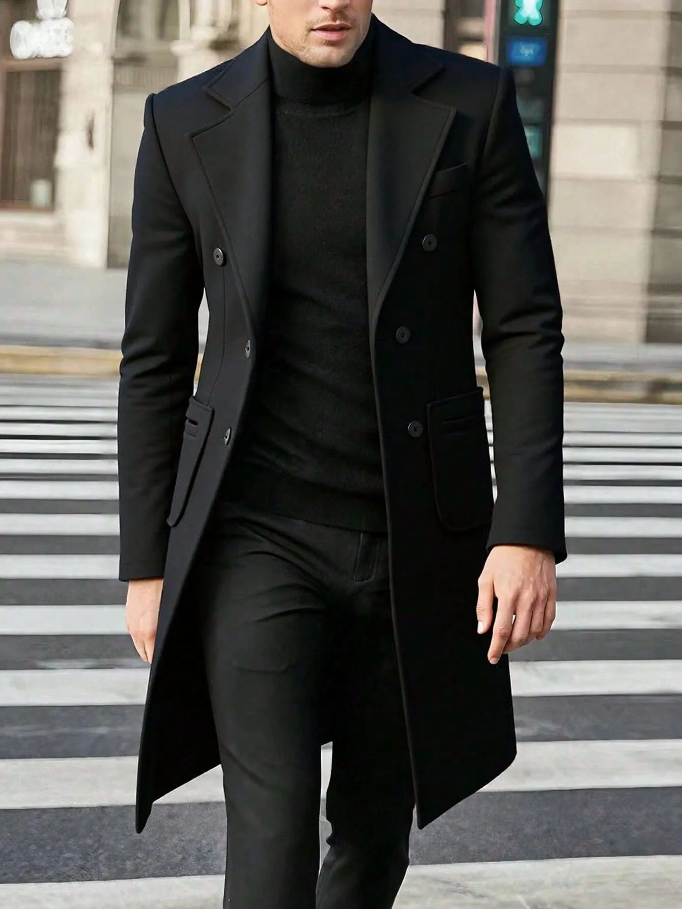 Men's Double Breasted Notched Lapel Wool-Look Overcoat Regular Fit Mid-Length Polyester Trench Coat For Autumn Winter