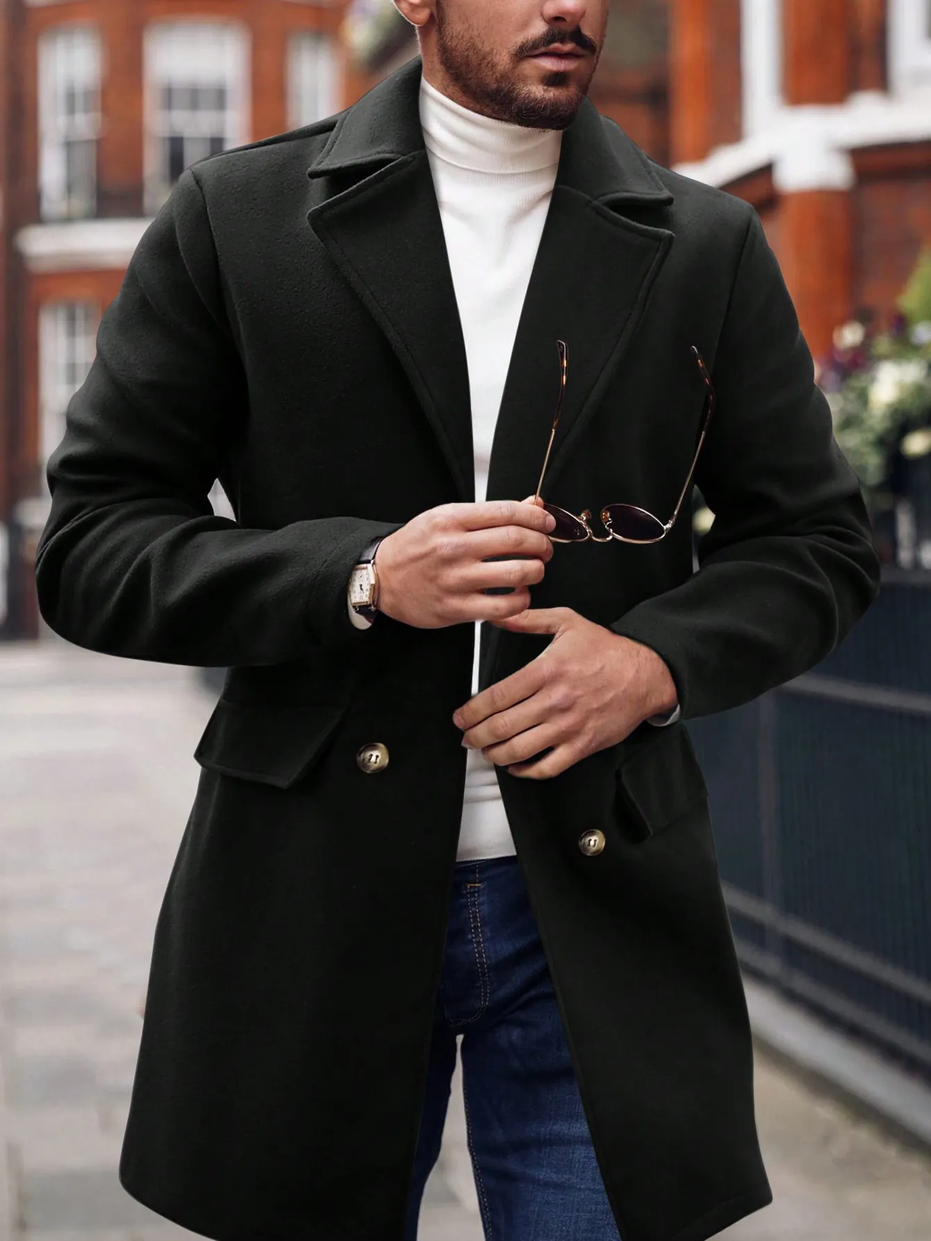 Manteau Homme à Double Boutonnage Aspect Laine Col à Revers Trench-coat Long Automne Hiver Casual Business Mode Style Urbain Top