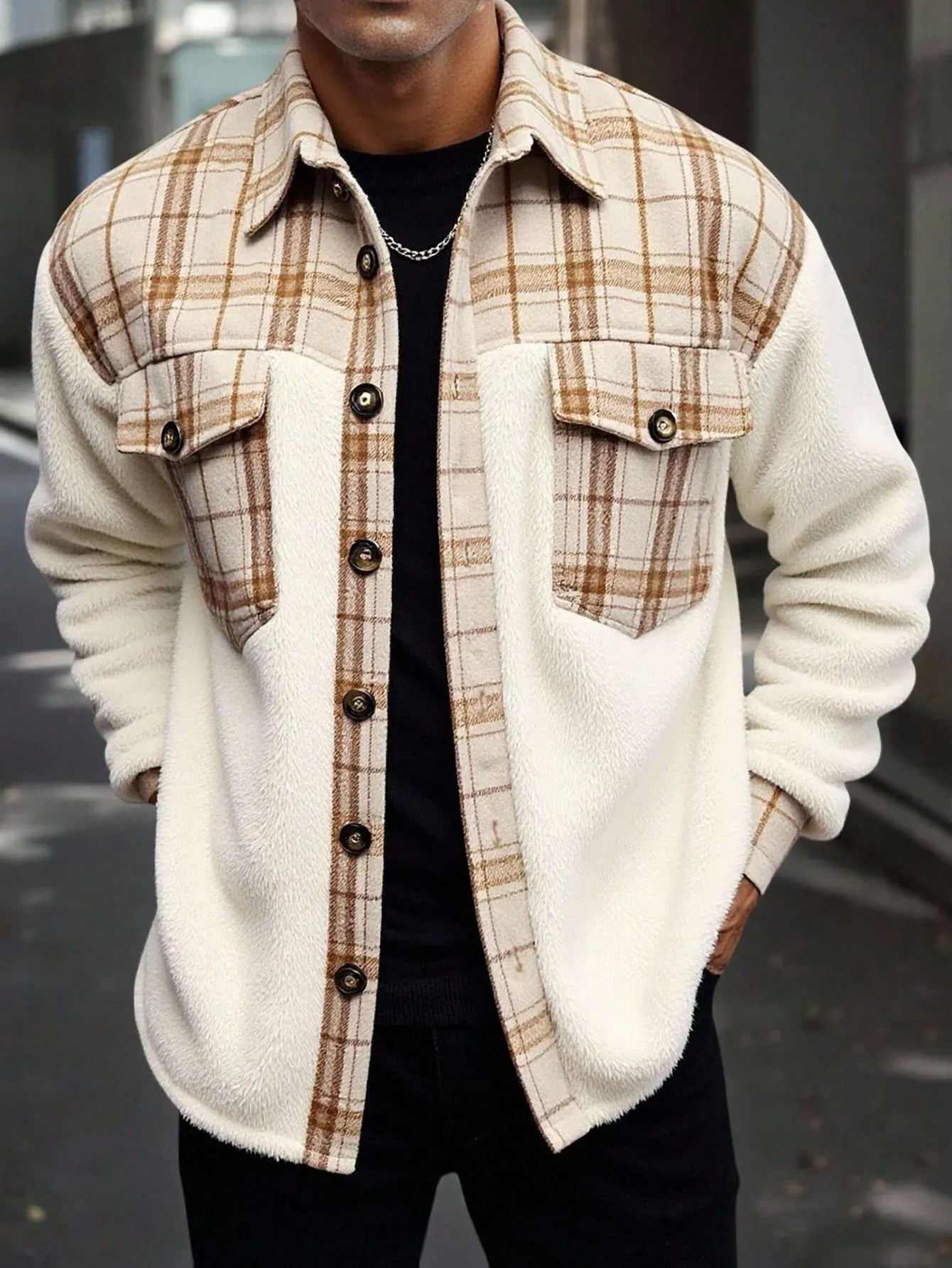 Men Plaid Patchwork Plush Jacket Streetwear Faux Shearling Outerwear Turn-down Collar Button Up Coat Casual Winter Clothing Top