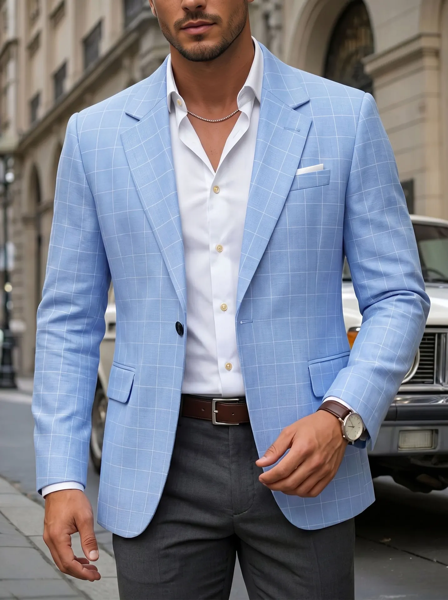 Herren Smart Casual Karo Blazer Reverskragen Einreihig Fensterkaro Anzugjacke Top Gentleman Slim Fit Outwear Für Hochzeit Party