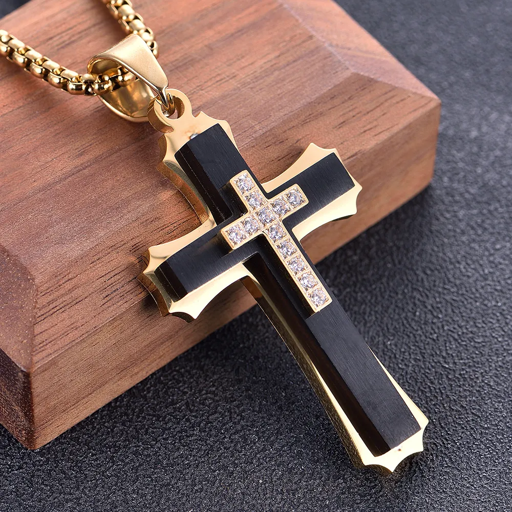 Herren Edelstahl Mehrschichtiger Kreuz Anhänger Halskette Strass Galvanisiert Geometrischer Religiöser Schmuck Gold Silber Schwarz Accessoires