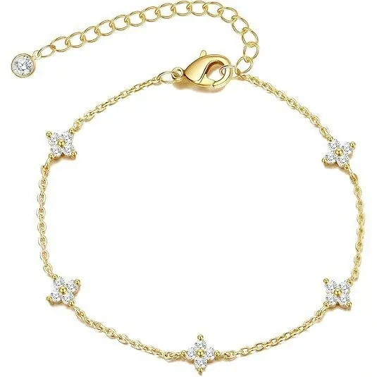 Bracelet en Cuivre Plaqué Or 18K Strass Étoile Trèfle à Quatre Feuilles Chaîne de Main Collier pour Femme Bijoux Cadeau