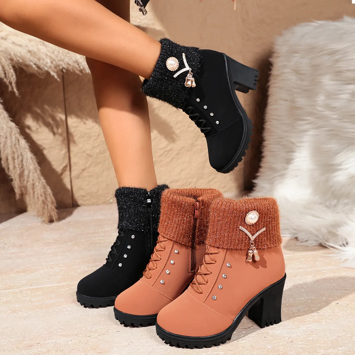 Damen Chunky High Heel Stiefeletten Strickbündchen Martin Boots Strass Kunstperle Anhänger Mode Winterstiefel