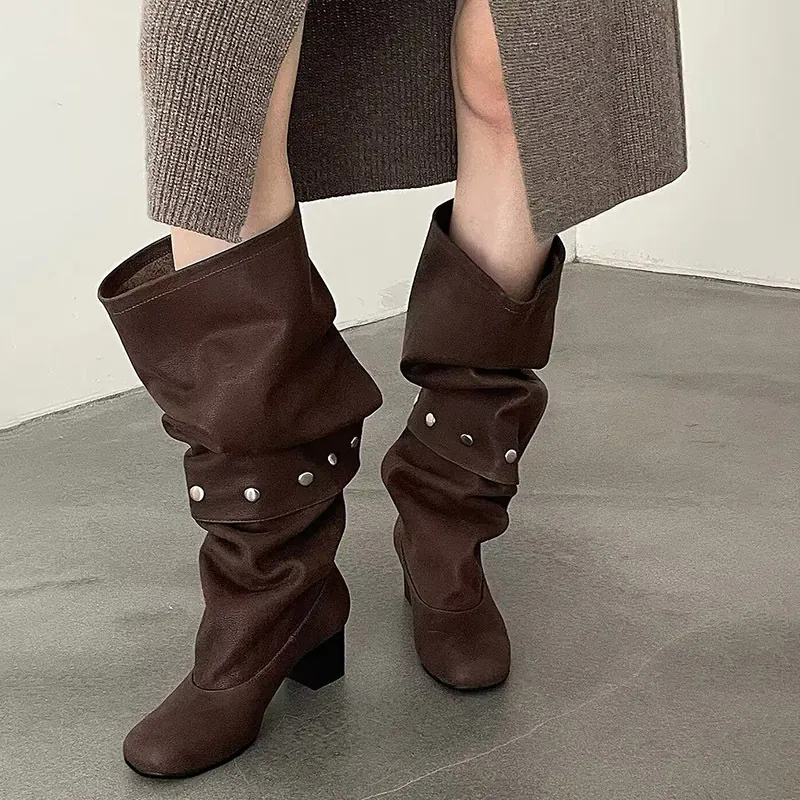 Women Slouchy Gaiter Knee High Boots Rivet Studded Chunky Block Heel Round Toe Fashion Two-Way Wear Fold-Over Long Boots