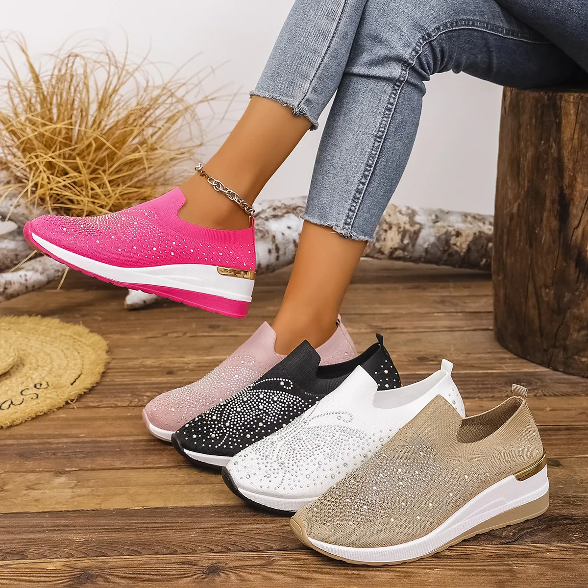 Women's Fly-Weave Platform Wedge Shoes Rhinestone Breathable Round Toe Slip-On Casual Sneakers For Summer Autumn Large Size