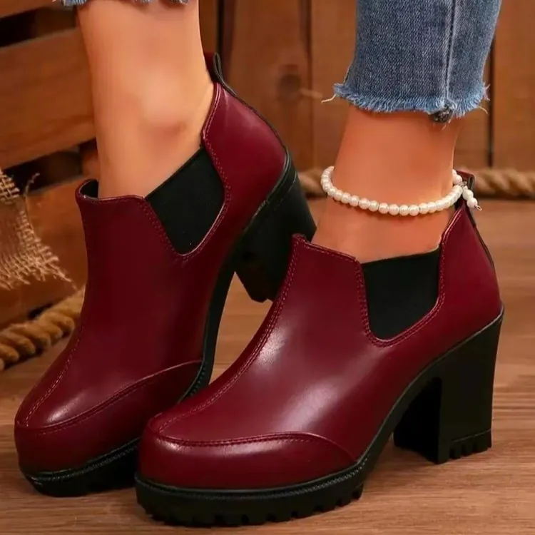 Women Chunky Heel Ankle Boots Thick Sole Chelsea Boots PU Leather Round Toe Platform Boots For Spring Autumn Daily Wear