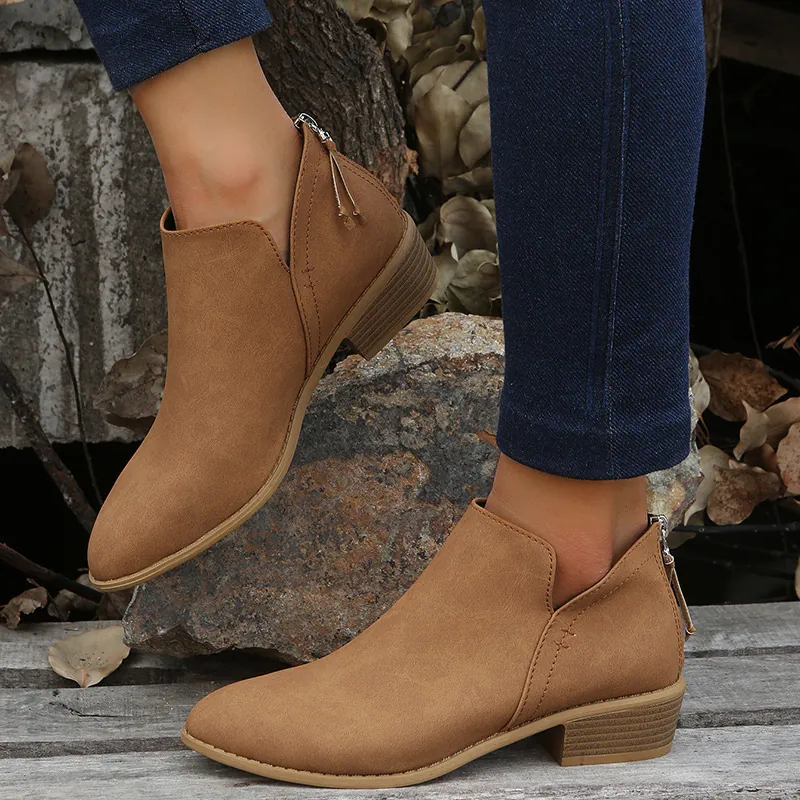 Women British Style Pointed Toe Ankle Boots PU Leather Chunky Mid Heel Rear Zip Chelsea Boots For Daily Wear
